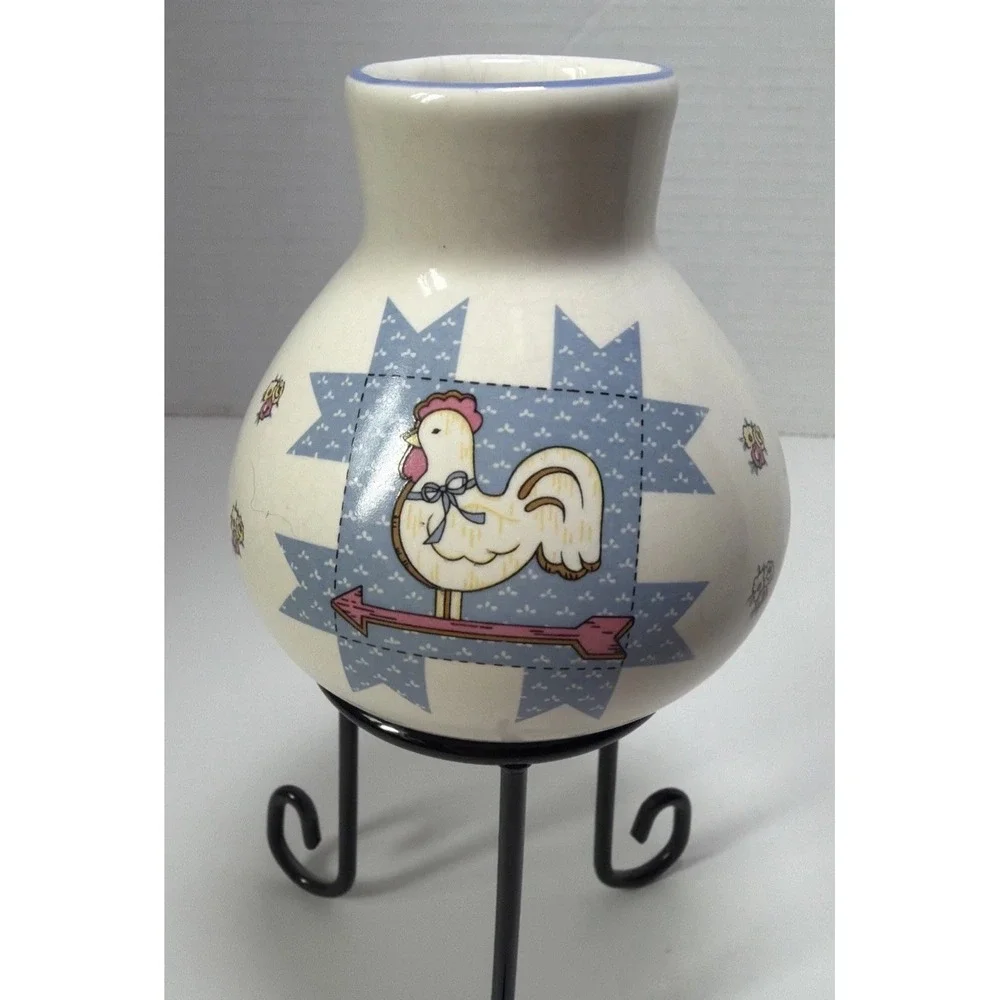 Small Rooster on an Arrow Bud Vase Blue Quilted Design With Flower Cottagecore